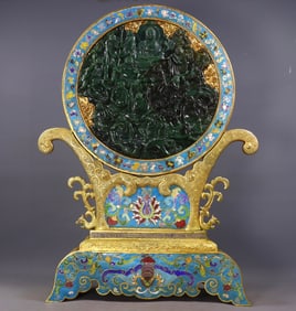 A gilded copper cloisonné screen with inlaid Hetian jade depicting "Eighteen Arhats Paying Homage