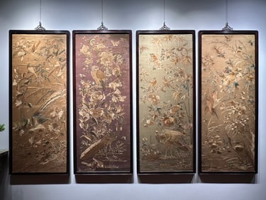 Four-panel Screen of Flower and Bird Embroidery in the Cantonese Style from the Late Qing Dynasty