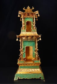 Double-layer Pagoda in Gilt Copper with Engraving and Turquoise Inlay