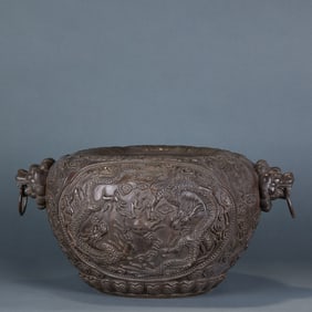 Incense Burner with Cloud and Dragon Patterns and Lion-shaped Ears in Agarwood