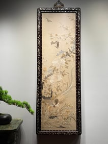 Inlaid mother-of-pearl and Cantonese embroidery "Phoenix Offering Homage" picture from the late Qing