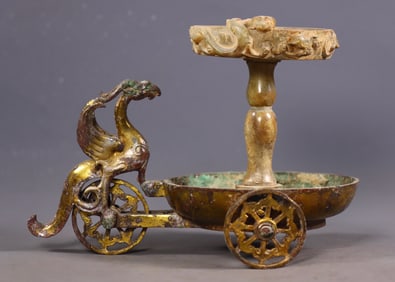 Bronze inlaid with gold and silver and Hetian jade bear candlestick from the Warring States and Han
