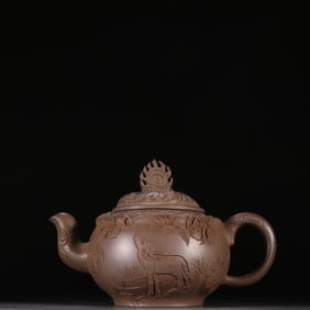 Zhu Kexin Signature Zisha Engraved Fu Lu Teapot