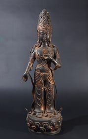 Bronze Partially Gilded Standing Guanyin Statue