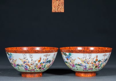 A pair of tea cups with wood-grain glaze and "Hundred Sons" pattern made in the Qianlong period