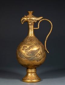 10th to 12th century, gilded copper, Khitan script, double phoenix, phoenix-head ewer