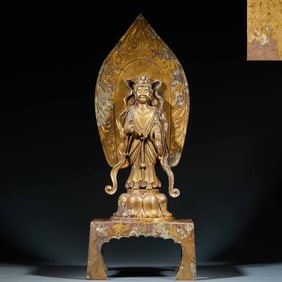 Before Ming Dynasty, gilded copper, Bodhisattva Avalokitesvara with flowing ribbons statue