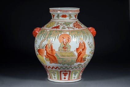 Ming Dynasty, three-color glazed figure story double-ear jar