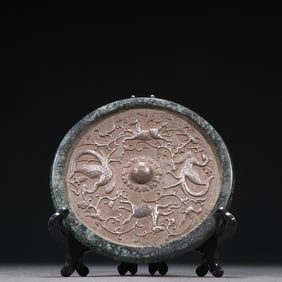 Inlaid Silver Engraved Birds and Beasts Copper Mirror, Tang Dynasty