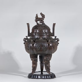 Incense burner with eight-treasure pattern and a unicorn, made of agarwood