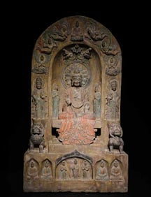A large Buddha backrest in painted bluestone from the Northern Wei Dynasty