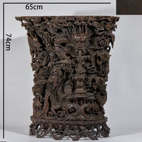 A large incense burner with high-relief dragon patterns made of agarwood
