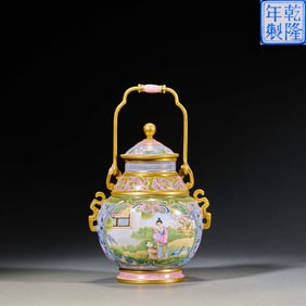 A cloisonné enamel teapot with a window design of "Three Ladies Educating Their Son" and a