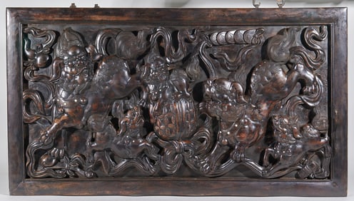 Incense Wood Lion Playing with a Ball Hanging Screen