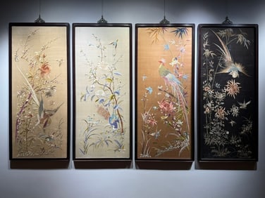 Late Qing Dynasty and Republic of China Period Fine Guangdong Embroidery Flower and Bird Four-panel