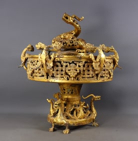 Bronze gilded and jade-inlaid dragon face pattern incense burner from the Warring States and Han