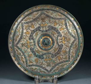 Gilt-bronze Mirror with Gold-painted Figures and Beasts before the Ming Dynasty