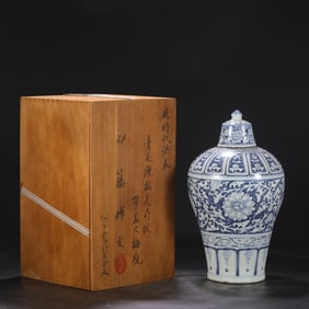 Blue and White Porcelain Large Plum Vase with Branching Flowers and Cover from the Hongwu Period of