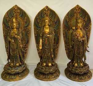 Three Buddha Statues with Full Gilt and Inlaid Enamel