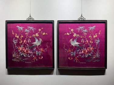 A Pair of Purple and Red Ground Flower and Bird Guangdong Embroidery
