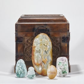 Jade and Jadeite Inlaid Treasure Box with Cleverly Carved Landscape Patterns, Marked "Made in the