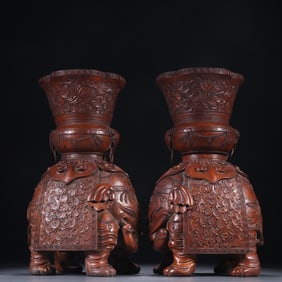Pair of Qing Dynasty Bamboo Carvings of "Elephants Bearing Peace" (symbolizing peace and
