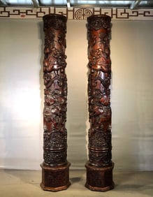 Huanghuali Wood Fengshui Pillar with High Relief Carvings, Symbolizing "Wishes Coming True" (raw