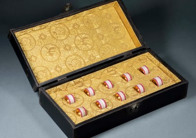 Set of Gilt Bronze Thumb Rings Inlaid with Hetian Jade, Themed "Sixth Panchen Lama"