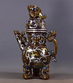 Hetian Jade Tripod Kettle with Silver Inlay and Colored Paintings