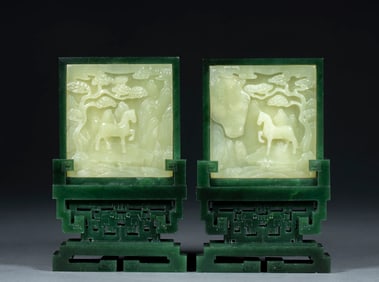 Pair of Qing Dynasty Jade Inlaid Table Screens with Cleverly Carved Landscape and Horse Patterns