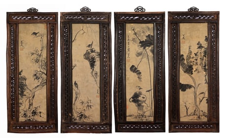 Four-Scroll Painting by Bada Shanren (a famous painter of the Qing Dynasty) in Original Frames