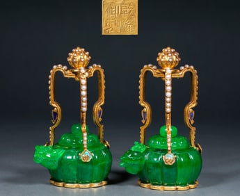Pair of Jadeite Ewer with Handle, Themed "Dragon and Phoenix Bringing Auspiciousness"