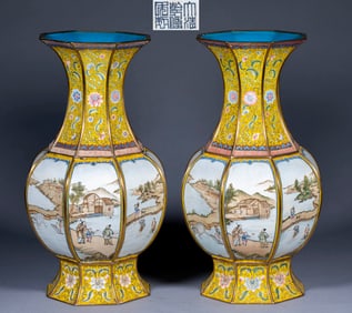 Pair of Copper-Bodied Enameled Octagonal Vases with Spring Plowing Scenes, Marked "Made in the