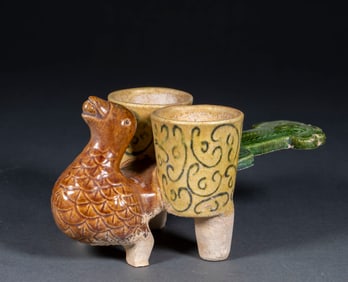 Tricolor Glazed Connected Cup in the Shape of Phoenixes
