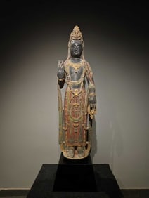 Northern Qi Dynasty Gilt and Painted Green Stone Standing Bodhisattva Statue