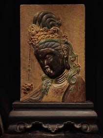 Green Stone Slab with Painted Guanyin Statue