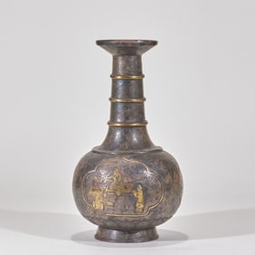 Silver-Gilt Bottle with Figure Stories and Plate Mouth, Pre-Ming Dynasty