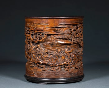 Bamboo Carved Brush Pot with Eight Immortals Patterns (Eight Immortals are legendary figures in