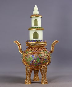 Filigree Gilt Pagoda-Shaped Incense Burner Inlaid with Hetian Jade