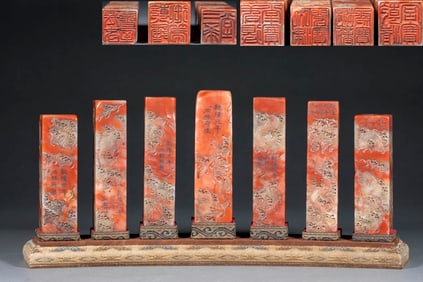 Set of Qing Dynasty Qianlong Reign Shoushan Stone Seals with Cleverly Carved Dragon Patterns
