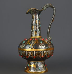 Han Dynasty Ewer with Silver-Gold Inlay, Turquoise Inlay, and Carrying Beam