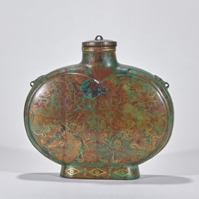 Flat Bottle with Gold-Silver Inlay and Crane-Tiger Patterns, Pre-Ming Dynasty