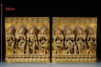 Pair of Gilt Bronze Tanshiguti Buddha Plaques (Tanshiguti is a style of Tibetan Buddhist art)