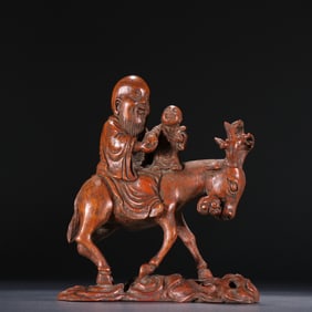 Qing Dynasty Bamboo Carving of Longevity Immortal and Auspicious Deer