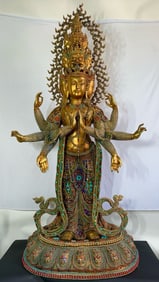 Gilt and Fully Inlaid Eleven-Faced Eight-Armed Guanyin Statue