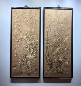 Pair of High-Quality Guang Embroidery Works of Flowers and Birds, Late Qing-Early Republican Period