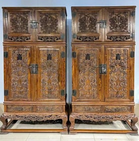 Set of Huanghuali Wood Cabinet with Dragon Carvings and Attached Top Boxes
