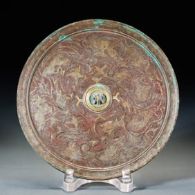 Warring States Period Bronze Mirror with Gold-Silver Inlay, Mythical Beast Patterns and Inscriptions