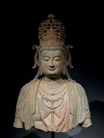 Song Dynasty Painted Green Stone Half-Body Guanyin Statue