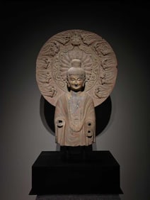 Northern Wei Dynasty Green Stone Large Buddha Aura with Gilt and Painted Flying Apsaras